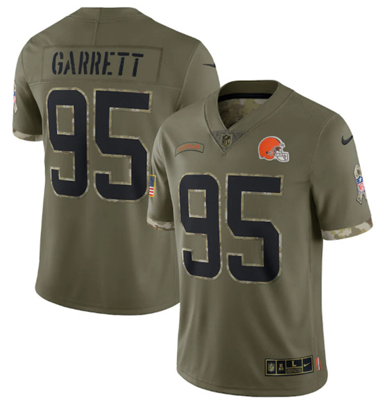 Men's Cleveland Browns #95 Myles Garrett 2022 Olive Salute To Service Limited Stitched Jersey
